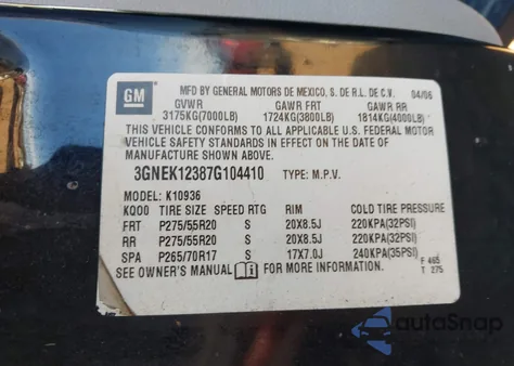 2007 Chevrolet Avalanche 1500 Ltz z USA, uszkodzony, nr VIN 3GNEK12387G104410